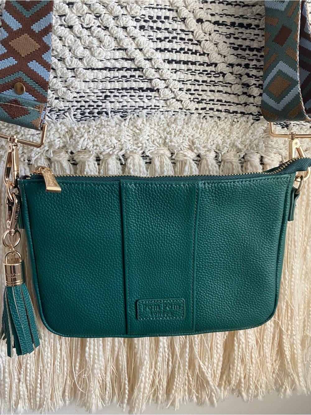 Pom Pom London City Slim bag Green Leather Crossbody Bag w/Tassel & two straps